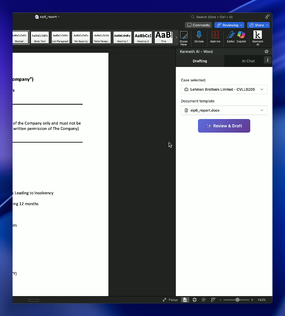 Document drafting interface showing autocomplete and citation features